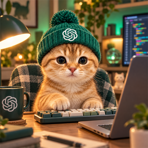 CatGPT coding at a cozy desk with a laptop and green mug