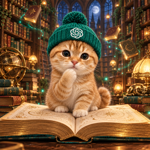 CatGPT thinking in a magical library of floating books